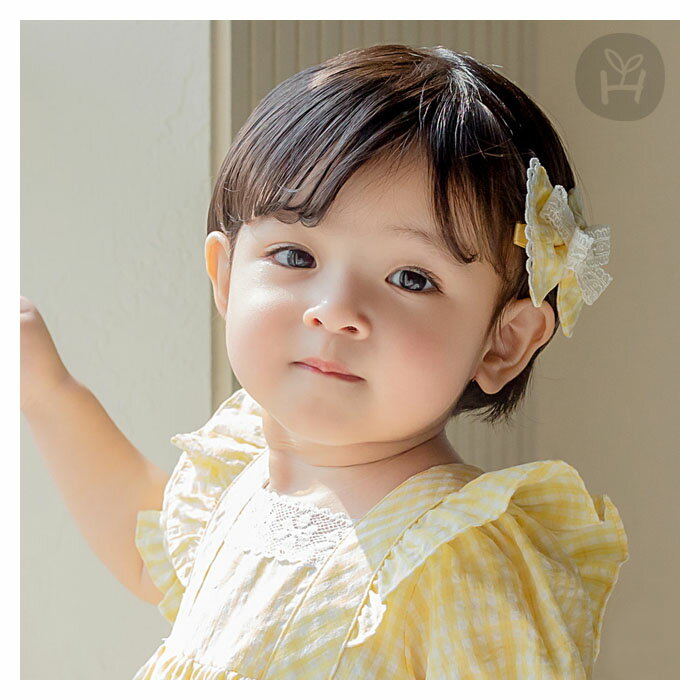 ボンネ ベビー レース ヘアリボン ヘアクリップ ヘアアクセサリー チェック柄 黄色 イエロー 春 夏 ギンガムチェック レース ヘアピン