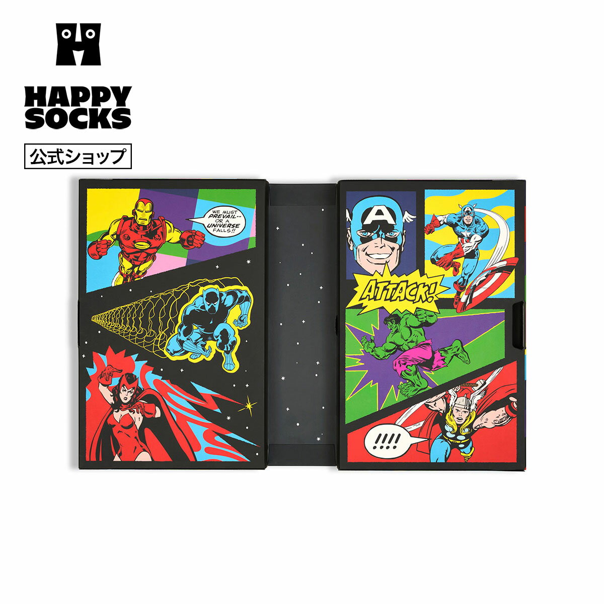 Happy Socks 公式 【MARVEL×Happy Socks】【GIFT BOX】【6足セット】クルー丈 ソックス マーベル アベンジャーズ / ハッピーソックス ソックス 靴下 メンズ レディース ユニセックス ギフト プレゼント 柄 オシャレ コラボ