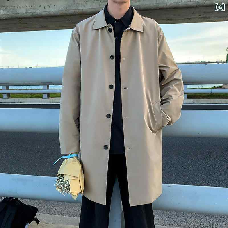 トレンチコート メンズ スプリングコート ロング シングルボタン スタイルアップ 軽量 カジュアル ビジネス 通勤 春秋 ライトアウター テーラード 膝丈 無地 羽織り 重ね着 ノッチド シルエット重視 細身 ファッション 紳士服 外出