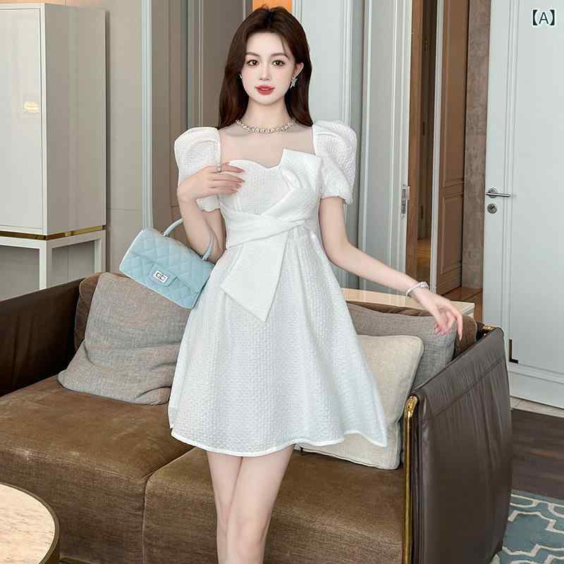 ワンピース Aライン ウエストマーク 半袖 夏 パフスリーブ ミモレ丈 フレア 膝丈 スタイルアップ 体型カバー フェミニン お呼ばれ デート お出かけ 旅行 レディース クルーネック ラウンドネック フォーマル 二次会 パーティー 20代 30代 40