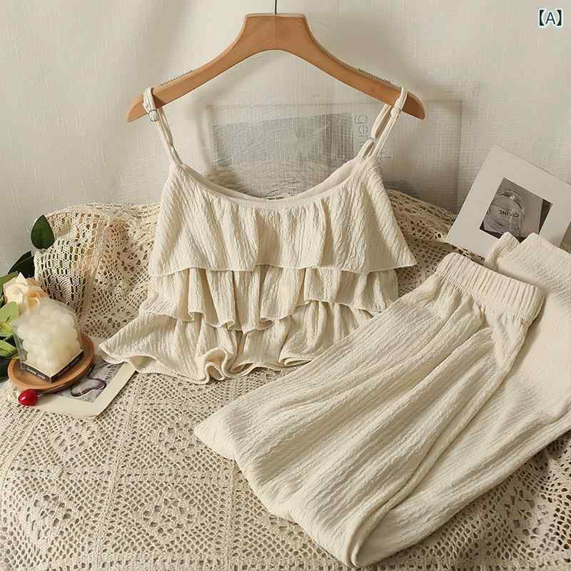 セットアップ キャミソール ワイドパンツ フリル ショート丈トップス 脚長効果 セパレート 体型カバー 上下セット リラックスウェア お出かけ デイリー カジュアル スタイルアップ 着回し 2点セット ボトムス パンツスーツ ノースリーブ 涼しい