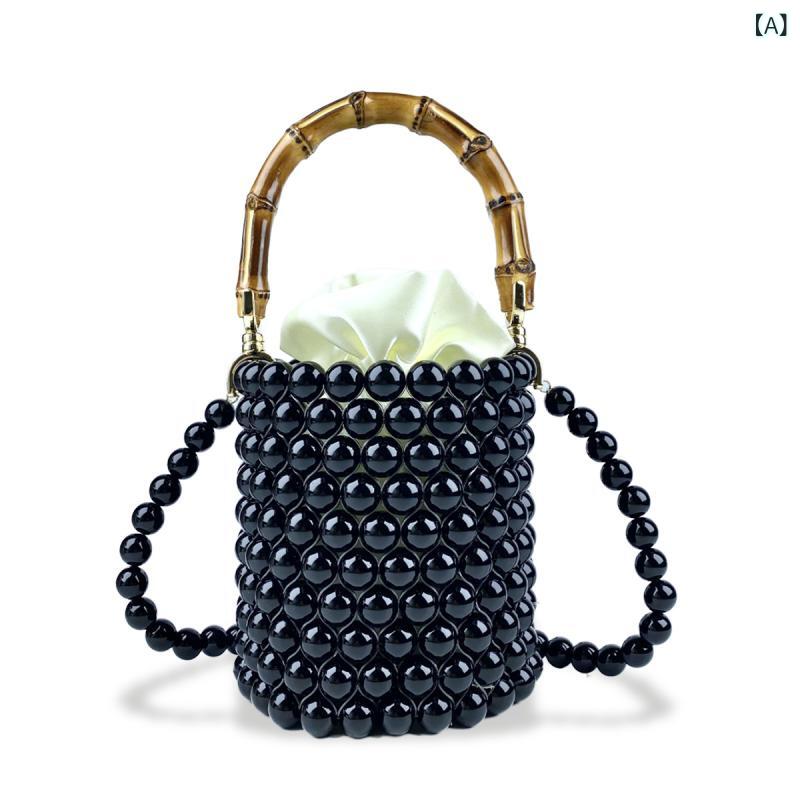 ハンドバッグ レディース バケツバッグ 竹ハンドル パールストラップ ミニバッグ ショルダーバッグ 2way 斜めがけ 肩掛け ミニ 小さめ 軽量 鞄 カバン 軽い 異素材 バンブーハンドル パール チェーン 巾着型 自立 マチあり 旅行 お出かけ 20