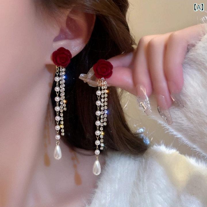 Cubic Zirconia - ピアス ボルドー リボン 揺れる ハート 薔薇 ベルベット パール ロングピアス シルバー925 大ぶり アクセサリー パーティー 結婚式 二次会 披露宴 お呼ばれ 秋冬 クリスマス プレゼント ギフト チェーン 誕生日