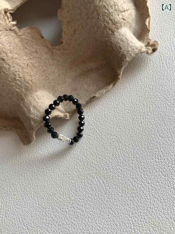 指輪 レディース シルバー925製 フィッシュモチーフ リング ブラッククリスタル 不規則な 伸縮性のある ビーズリング フリーサイズ シルバーアクセサリー ジュエリー 華奢な細身タイプ 普段使い 贈り物 ギフト