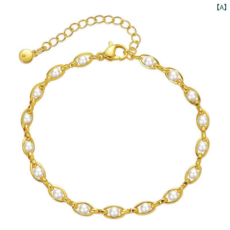 Pink - ブレスレット パール 18金コーティング 真鍮 チェーンブレスレット アクセサリー ジュエリー フォーマル 結婚式 パーティー 卒業式 入学式 冠婚葬祭 ギフト プレゼント 誕生日 ゴールドカラー 華奢 シンプル アジャスター付き