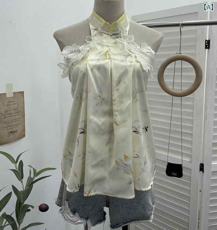 ブラウス レディース ホルターネック ノースリーブ チュニック 立ち襟 花柄 立体 ペプラム ゆったり 涼しい トップス 夏服 お出かけ 華やか 透け感 カジュアル 体型カバー シフォン シャツ プルオーバー 春夏