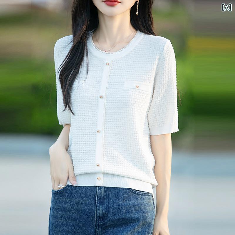 サマーニット レディース 半袖 ボーダー Tシャツ クルーネック 丸首 プルオーバー トップス 涼しい 冷感 冷感 ストレッチ カットソー カジュアル オフィス 春夏 通勤 通学 重ね着 シンプル 柔らかい