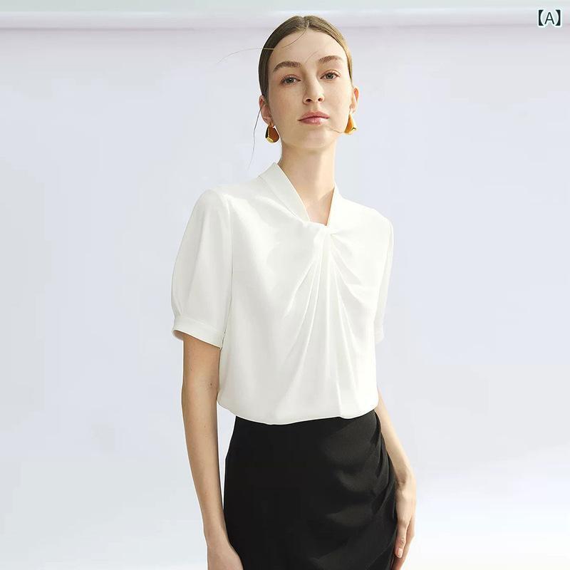 ブラウス レディース Vネック 半袖 フロントツイスト シャツ トップス 無地 オフィスカジュアル 通勤服 事務服 仕事 涼しい 春夏 秋 シンプル お出かけ セレモニー フォーマル お呼ばれ 白 青 パフスリーブ