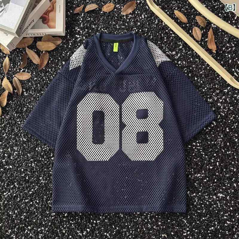 Tシャツ メンズ メッシュ 半袖 ビンテージ風 オーバーサイズ ビッグシルエット 透かし編み 通気性 速乾 スポーツ ストリート ヒップホップ カジュアル 夏服 ベースボールシャツ ゲームシャツ ユニフォーム アメカジ レトロ 2