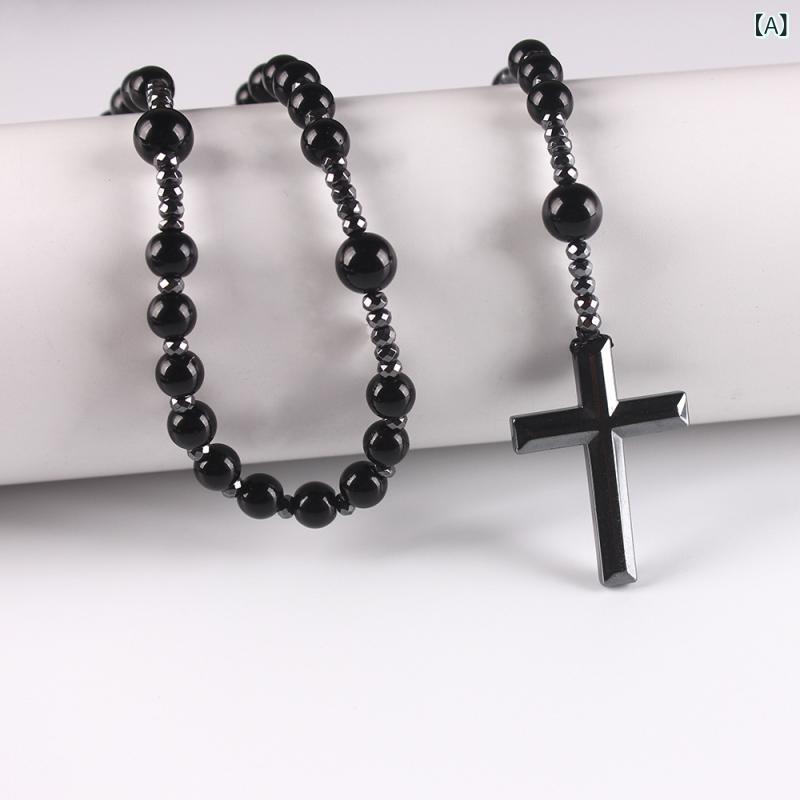 ネックレス メンズ 十字架 クロス ロザリオ ヘマタイト 石 ロングネックレス ブラック パワーストーン アクセサリー ジュエリー シンプル かっこいい ギフト プレゼント 贈り物 誕生日 男性 紳士用 記念日(4.0)