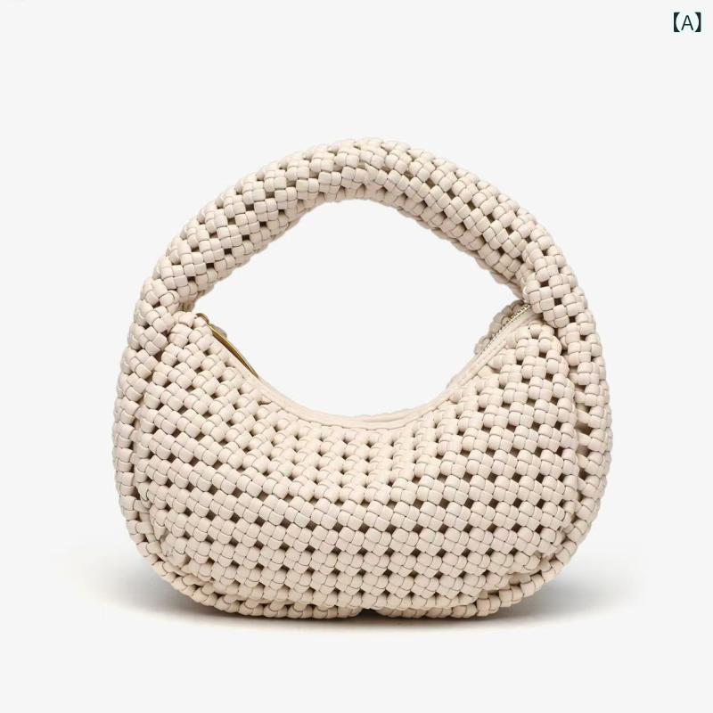 ハンドバッグ レディース 手編み 大容量 トートバッグ 三日月型 ハーフムーンバッグ 編み込み 手提げ かばん カジュアル シンプル 軽量 丈夫 収納 通勤 通学 散歩 お出かけ 普段使い ギフト 贈り物 旅行 春夏