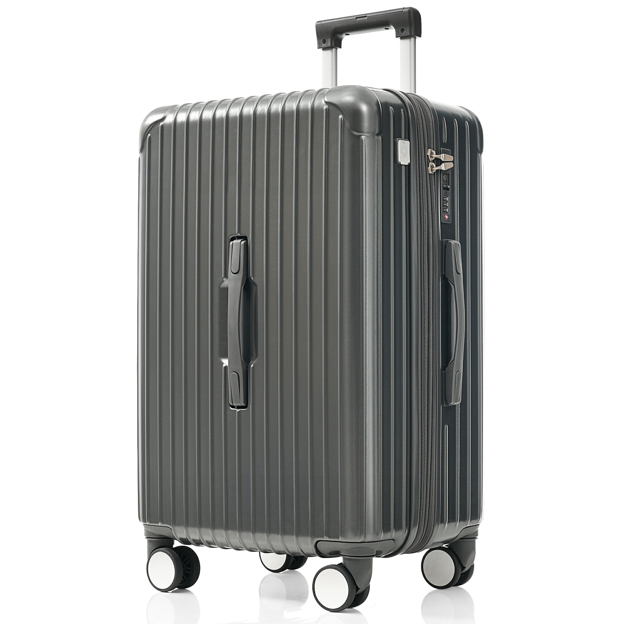 Product Type: Single Box Product颜色: Grey材质: ABSProduct Dimensions (厘米): 28.70 * 42.00 * 68.80Product Weight (千克): 3.50Package Size (厘米): 68.5 * 43 * 32Package Weight (千克): 4.2Product Features【ご注意】掲数している写真は、ご使用のコンピューター及びスマホのモニターの種類によって、実際の商品のイメージと多少異なることがございます。予めこ了承ください。ロットによって、製品の色は多少異なりますので、こ了承とこ理解の程よるしくお願いたします。寸法のため、Sサイズは容量拡張と側面のハンドルと台座（フック）が付いておりません。予めご了承ください。POINT 1.【大容量容量拡張機能】広い収納スペースを持って、長時間の旅行に必要なものをたくさん詰め込むことができます。当社のスーツケースは、箱体を広く設計することで、同サイズの他社製品よりも多くの荷物を収納できます。POINT 2.【ストッパー付き静音キャスター】スーツケースの自走を抑えるキャスターストを搭載しており、電車などの揺れで不意の動きを防ぎ、安定した移動をサポートします。POINT 3.【移動中も充電できる】USB/Type-Cボートを搭載し、最新のスマホやタブレットなど、様々なデバイスが充電可能で、安心です！USB充電ポートのお使い方：step1：ケース内のケーブルにモバイルバッテリーを接続します。step2：USB/Type-Cコネクタに接続することで、スマートフォンなどの電子設備が充電できます。ご注意： モバイルバッテリー、スマートフォン等のデバイスに外部接続するUSBケープルアダプタ等は付属しません。 モバイルバッテリーを経由して充電を行います。スーツケース内部からは充電できません。モバイルバッテリーの航空機内への持ち込み預け入れについては各航空会社の規定をご確認ください。コネクタに強い衝撃を与えないようにご注意ください。 航空機を利用する際は、モバイルバッテリーをUSBケーブルから外してください。内側のモバイルバッテリーがポケットに入っている可能性があります。受け取り後にモバイルバッテリーが見つからない場合は、チャックを開けて確認してください。POINT 4.【旅行がもっと楽になる収納】スマホスタンド、折りたたみ式カップハルダー、フック式底足をついており、旅行がもっと楽になります。POINT 5.【三つのソフトなハンドル】ソフトなハンドルで、長時間持っていても疲れません。トップサイドセンターの3WAYハンドルで、どんな姿勢でも楽々持ち運べます。POINT 6.【たっぷり入る使いやすい内装】仕切り板とクロスベルトがついており、荷物の荷崩れを防いでくれます。仕切り板には小物の収納に便利なメッシュポケット付きで、細かい仕分けることができます。ご注意：内部ファスナーについて：ケース内部にあるファスナーはメンテナンス専用ファスナーとなります。修理が必要になった場合にのみ使用するファスナーのため、あえてファスナーのつまみが付いていません。お荷物を入れるものではありませんので、ご注意ください。POINT 7.【海外旅行の必要品「TSAロック」搭載】アメリカ（ハワイ、グアム、サイパンを含む）及びカナダの空港で荷物を預ける際に、カギをかけたまま預けることができるTSAロックを採用しています。ご注意：カギはついておりません。予めご了承ください。POINT 8.【多段階調節キャリバー】お客様の身長に合わせ、高さがスムーズに調節できます。最高104.5mmまで。