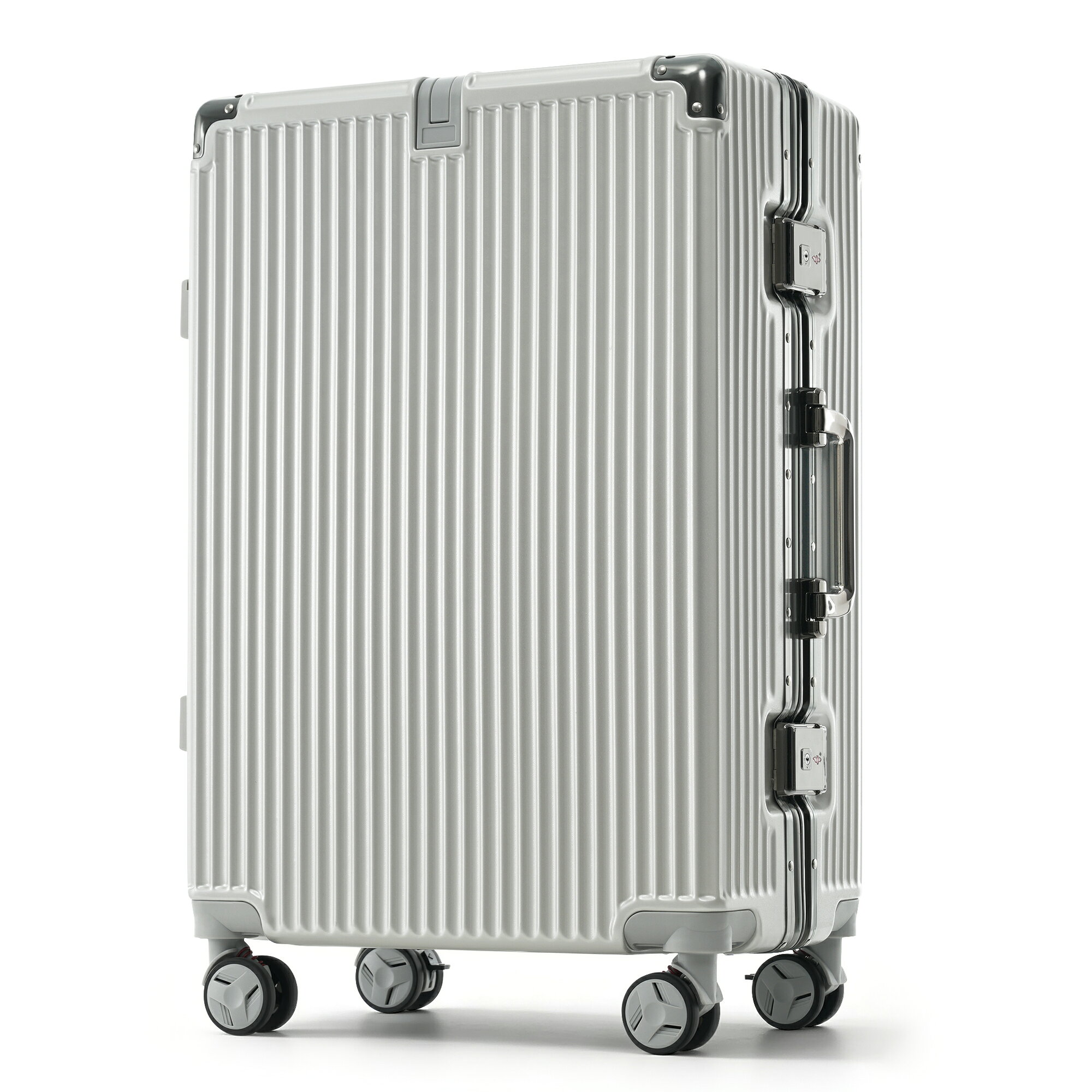 Product Type: Single Box Product颜色: Silver grey材质: ABSProduct Dimensions (厘米): 52.00 * 30.00 * 78.00Product Weight (千克): 5.01Package Size (厘米): 80 * 50 * 30Package Weight (千克): 5.8Product FeaturesPOINT 1.【高級感高耐久のアルミフレーム】見た目に高級感を演出するアルミフレームを採用し、シンプルながら上質な雰囲気を実現しました。フォーマルなビジネスシーンはもちろん、カジュアルな国内旅行海外旅行までシーンを問わずお使いいただけます。POINT 2.【ストッパー付きキャスター】スーツケースの自走を抑えるキャスターストッパーを搭載しており、電車などの揺れで不意の動きを防ぎ、安定した移動をサポートします。POINT 3.ドリンクホルダー】移動中でも飲み物や傘など安心収納！使わない時はスリムに折り畳めるので邪魔になりません。POINT 4.【たっぷり入る使いやすい防水ポケット搭載】仕切りに小物収納に便利なメッシュポケットを備え、アクセサリーや小物をスッキリ細かく仕分け可能です。POINT 5.【便利な隠しフック】買い物袋が掛けられフックを搭載し、手の負担を軽減します。POINT 6.【海外旅行の必要品「TSAロック」搭載】アメリカ（ハワイ、グアム、サイパンを含む）及びカナダの空港で荷物を預ける際に、カギをかけたまま預けることができるTSAロックを採用しています。ご注意：カギはついておりません。予めご了承ください。LサイズはM/Sサイズより一個多くの固定フックが搭載しております。POINT 7.【持ちやすいハンドル】持ち上げると隙間ができて、狭まれずにスムーズに持ち運びできます。階段や棚上げ時もラクラクです。【ATTENTION】掲数している写真は、ご使用のコンピューター及びスマホのモニターの種類、環境や撮影の光加減によって、実際の商品のイメージと多少異なることがございます。予めご了承ください。弊社の商品はロット商品ですので、ロットによって、製品の色は多少異なりますので、ご了承とご理解のほどよろしくお願い致します。お願い致します。