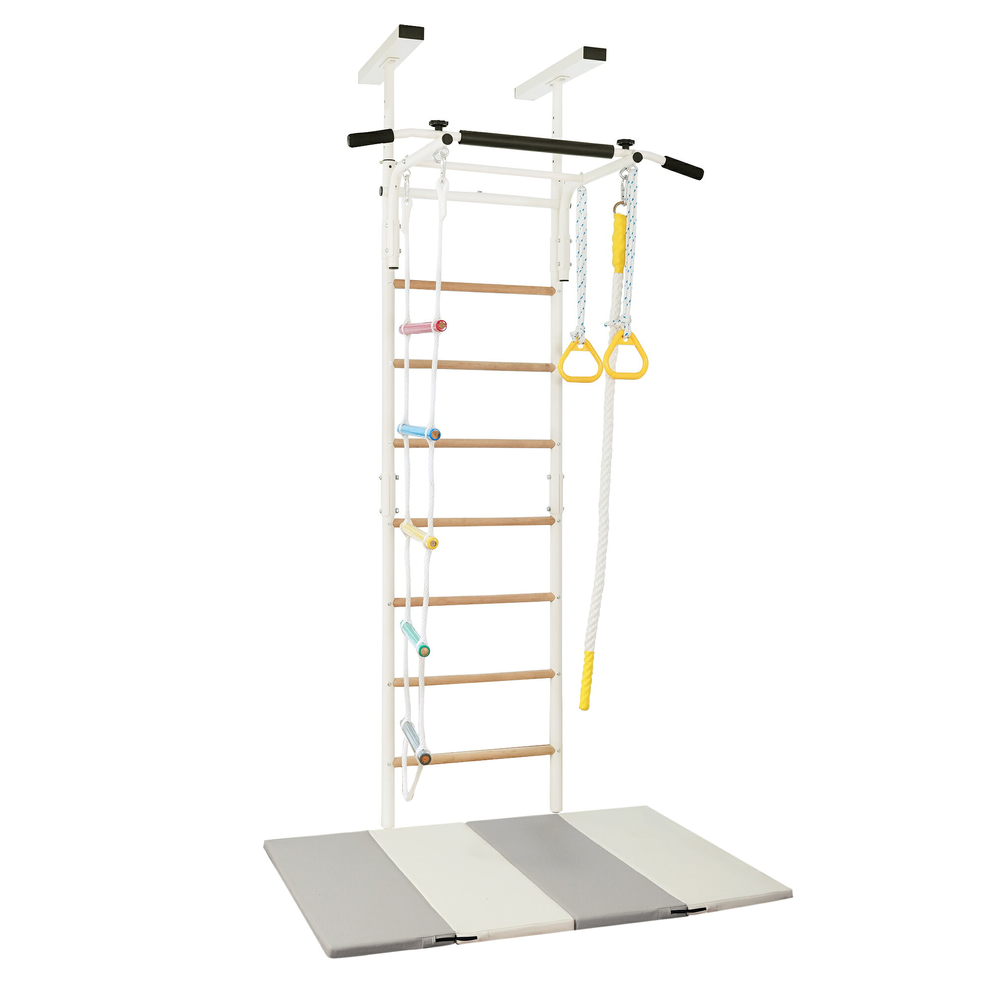Product Type: Combo Item颜色: Beige+Brown,Beige+Grey材质: Iron+Plastic,PVC填充物: POLYETHYLENEProduct Dimensions (厘米): 108.70 * 65.20 * 238.70Product Weight (千克): 25.90Package Sub-item 1 Code:N510P469767ZPackage Sub-item 1 Size (厘米): 102 * 35 * 11.5Package Sub-item 1 Weight (千克): 2.5Package Sub-item 1 Quantity: 1Package Sub-item 2 Code:N510P422836CPackage Sub-item 2 Size (厘米): 121.5 * 36.5 * 15.5Package Sub-item 2 Weight (千克): 29.14Package Sub-item 2 Quantity: 1Product Features【ご注意】本商品は室内用プレイ遊具です。設置時は必ず取扱説明書をよく読み、安全を確認したうえでご使用ください。本商品は石膏ボードのみの天井には設置できません。必ず下地のある天井に設置してください。予めご了承ください。ジャングルジムのPOINT 1【突っ張り式で省スペース】天井から床までしっかり固定する突っ張り構造。床に広い設置面積を取らず、省スペースでも設置可能。お部屋を有効活用できます。ジャングルジムのPOINT 2【高さ調整可能成長に合わせて使える】約30cmの調整幅＆6段階調整対応。お子さまの身長や成長に合わせて高さを変えられるので、長くお使いいただけます。ジャングルジムのPOINT 3【子どもも大人も使える高耐久設計】高強度スチールフレームを採用し、優れた耐荷重性能を実現。お子さまの遊びはもちろん、大人のトレーニングにも対応します。ジャングルジムのPOINT 4【5in1 多機能クライミング】鉄棒ロープはしご吊り輪クライミングロープなどを自由に組み合わせ可能。遊び方が広がり、運動能力バランス感覚体幹を楽しく育てます。ジャングルジムのPOINT 5【遊びの質が違う感覚統合トレーニング】登るぶら下がる握るなど多彩な動きで、全身を使った遊びを実現。従来型の据え置き遊具より、挑戦性が高く飽きにくい設計です。ジャングルジムのPOINT 6【しっかり固定安心設計】突っ張り部固定ピンロック構造により、使用中のぐらつきを防止。安定感を重視した設計で、毎日の遊びも安心。ジャングルジムのPOINT 7【遊具パーツ着脱簡単】高強度カラビナ採用で、遊具パーツはワンタッチで着脱。しっかり固定されながら、遊び替えもスムーズです。プレイマットのPOINT 1.【4 つ折り設計で収納楽々】広げて使えば広々スペース、たためば省スペースに収納可能。使わないときも邪魔になりません。プレイマットのPOINT 2.【厚手クッションで衝撃吸収】床からの衝撃を和らげ、転倒時のケガを防ぎます。防音効果もあり、集合住宅でも安心。プレイマットのPOINT 3.【防水防汚加工でお手入れ簡単】水分や汚れを弾くので、汚れても濡れた布でサッと拭くだけ。いつでも清潔に保てます。プレイマットのPOINT 4.【こだわり素材で、快適な使い心地を実現】表面にはお手入れしやすい防水 PVC レザーを採用し、気になる臭いや不快感を抑えています。中材には EPE 発泡素材を多層構造に使用し、衝撃を吸収しつつ体をしっかり支えるバランスの良さを実現。適度な硬さと弾力で、ストレッチやエクササイズの動きをサポートし、長く使える耐久性も備えています。プレイマットのPOINT 5.【シンプルカラーでインテリアに馴染む】ホワイト×カーキのツートンカラーで、どんなお部屋のテイストにも自然に溶け込みます。POINT 6.【 多目的に使える万能マット】子どものプレイマット、お家エクササイズ、ヨガ、昼寝用マットなど、1 枚でいろいろなシーンに対応。