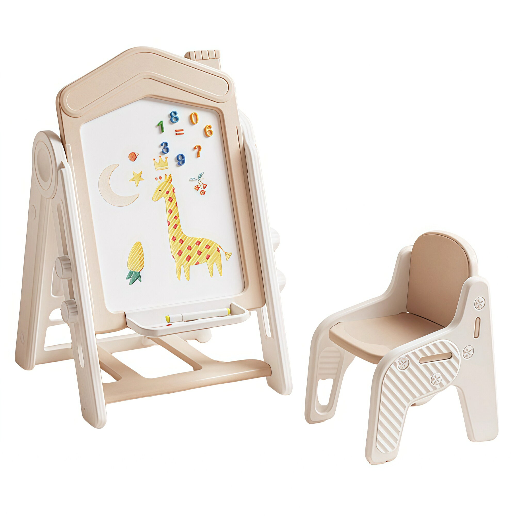 Product Type: Single Box Product颜色: Beige+Brown材质: Polypropylene产品风格: CutePackage Size (厘米): 70 * 55.5 * 20Package Weight (千克): 7.5Product Features【ホワイトボード＆黒板　2タイプ】自由な表現で身に着く5つのチカラ表現力 想像力 集中力 色彩感覚 空間認知能力 知育にぴったり！子供たちが絵を描いたり、マーカーペンを使って色を塗ったり、創造力や表現力を発揮します。【描いて消したり】表面は特殊な素材を使っており、描かれたものを消すことができる。これにより、子供たちは何度も創作や改めてもいい。【マグネットで貼ったり剥がしたり】アルファベットや数字など磁石付きアイテムを貼り付けられる。*マグネットは撮影道具で、実際に付属しておりません【たくさんの描き道具が付き！】一緒に入っているので、別で買う必要がありません。お子様がすぐに描き始められるよ！黒板消し マーカー　チョーク チョークグリップ リップスティックのように簡単！手が汚れません～【ボード下部にペンホルダーを設置】使い終わったらすぐ収納でき、収納習慣を身に付けやすくなります。取り外しも簡単ですよ～【その上、お子様の身長に合わせって高さが調整できる！】立ったり　座ったり ネジを回すだけで、調整できる。【 お絵描きボードだけでなく、本棚でも使えるよ！】表紙が見やすい“ディスプレイ棚 表紙が「見える」ため、小さなお子様でも、欲しい絵本を直感的に見つけることができます。簡単に片づける習慣がつけられる!【三角構造で簡単に折りたため、スペースを取らない】ここを持ち上げれば簡単に折りたためます～折りたたんだ際の厚みは約20cm。コンパクトなので、壁と家具の隙間やクローゼットの奥にもスッと収納できます！【カワイイ　背丈に合わせた小さめの椅子】背丈に合わせた小さめのサイズで、子供が元気よく学びながら、すくすく育ちますように。 脚裏滑り止めクッション付き【More　Detail】安心の角丸設計高品質のHDPEを採用する。 無毒·匂いなし。組立簡単 ほぼ工具不要