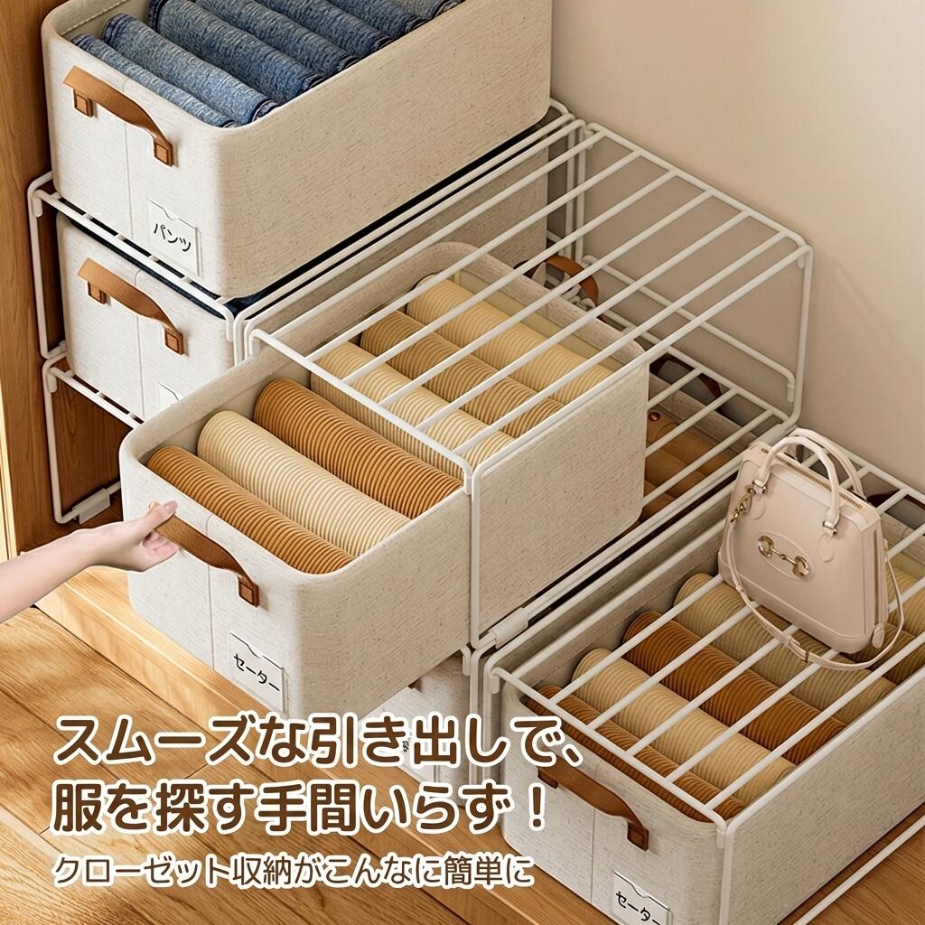 素材鉄製フレーム（高温焼付塗装）、厚手布製ボックス特徴分解可能、自由積み重ね、引き出し式、耐荷重、防錆、多用途おすすめポイント【分類収納ですっきり整う】 衣類小物を種類ごとに整理し、探し物がすぐに見つかります。ボックスにラベルを貼れば、一目で中身がわかり、忙しい朝の準備もスムーズに。&nbsp;【スムーズな引き出しで使いやすい】 ラックにセットすると、ボックスが引き出しのようにスライド。下の衣類も簡単に取り出せるため、クローゼットの奥まで有効活用できます。&nbsp;【自由に重ねて省スペース】 ボックスとラックを自由に積み重ね、クローゼットの空間を賢く拡張。衣類帽子バッグなど、用途別にスペースを確保でき、見た目もスッキリします。&nbsp;【厚い鉄製で安定感抜群】 太い鉄パイプを使用し、揺れにくく安定性が高い。2本の大型水ボトルを載せても安心の耐荷重を実現し、長期使用でも安心です。&nbsp;【防錆加工で長持ち】 高温焼付塗装による多層保護コーティングで、防食防錆。水に濡れても安心して長く使えるため、洗面所や脱衣所での使用にも適しています。&nbsp;【使わない時はコンパクトに】 不要な時はフレームを分解してコンパクトに収納。引き出しや隙間にもスッキリしまえるため、季節の衣替えや引っ越し時にも便利です。&nbsp;【インテリアに調和するデザイン】 ナチュラルなカラーとシンプルなデザインが、どんなインテリアにも馴染みます。クローゼット内だけでなく、リビング玄関でもおしゃれな収納として活用できます。対象スペースクローゼット内、リビング、玄関、洗面所など素材鉄製フレーム（高温焼付塗装）、厚手布製ボックス特徴分解可能、自由積み重ね、引き出し式、耐荷重、防錆、多用途おすすめポイント【分類収納ですっきり整う】 衣類小物を種類ごとに整理し、探し物がすぐに見つかります。ボックスにラベルを貼れば、一目で中身がわかり、忙しい朝の準備もスムーズに。&nbsp;【スムーズな引き出しで使いやすい】 ラックにセットすると、ボックスが引き出しのようにスライド。下の衣類も簡単に取り出せるため、クローゼットの奥まで有効活用できます。&nbsp;【自由に重ねて省スペース】 ボックスとラックを自由に積み重ね、クローゼットの空間を賢く拡張。衣類帽子バッグなど、用途別にスペースを確保でき、見た目もスッキリします。&nbsp;【厚い鉄製で安定感抜群】 太い鉄パイプを使用し、揺れにくく安定性が高い。2本の大型水ボトルを載せても安心の耐荷重を実現し、長期使用でも安心です。&nbsp;【防錆加工で長持ち】 高温焼付塗装による多層保護コーティングで、防食防錆。水に濡れても安心して長く使えるため、洗面所や脱衣所での使用にも適しています。&nbsp;【使わない時はコンパクトに】 不要な時はフレームを分解してコンパクトに収納。引き出しや隙間にもスッキリしまえるため、季節の衣替えや引っ越し時にも便利です。&nbsp;【インテリアに調和するデザイン】 ナチュラルなカラーとシンプルなデザインが、どんなインテリアにも馴染みます。クローゼット内だけでなく、リビング玄関でもおしゃれな収納として活用できます。対象スペースクローゼット内、リビング、玄関、洗面所など