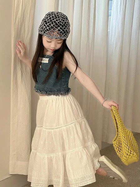 ハイウエスト 復古 スカート ロングスカート 夏新作 子供服 女の子 レース じゅん...