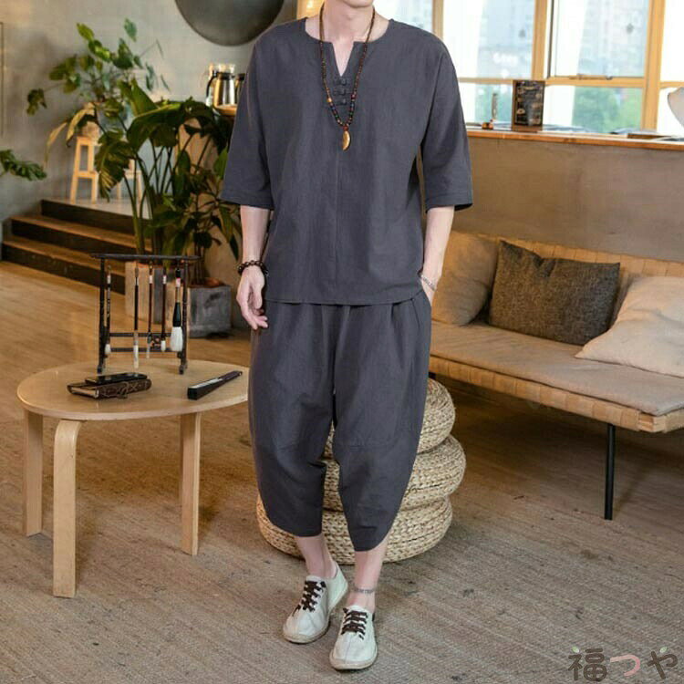 ハッピーストリームの男性 ルームウェア セットアップ 入院 甚平 おしゃれ 麻 涼しい 綿 半袖 7分丈 サルエルパンツ 部屋着 パジャマ 寝巻き 夏 プレゼント メンズ｜アングル2