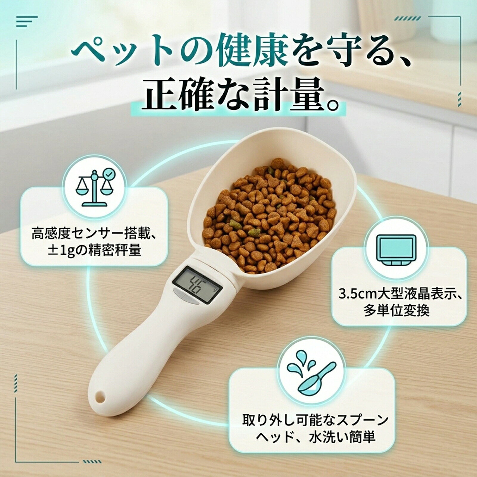 ハッピーストリームのペットフード デジタル計量スプーン 犬 猫用 電子はかり 最大 800g 対応 エサ餌測定専用 取り外し可能 水洗い可能 ペット用両対応 キッチン テスト用電池付き｜アングル2