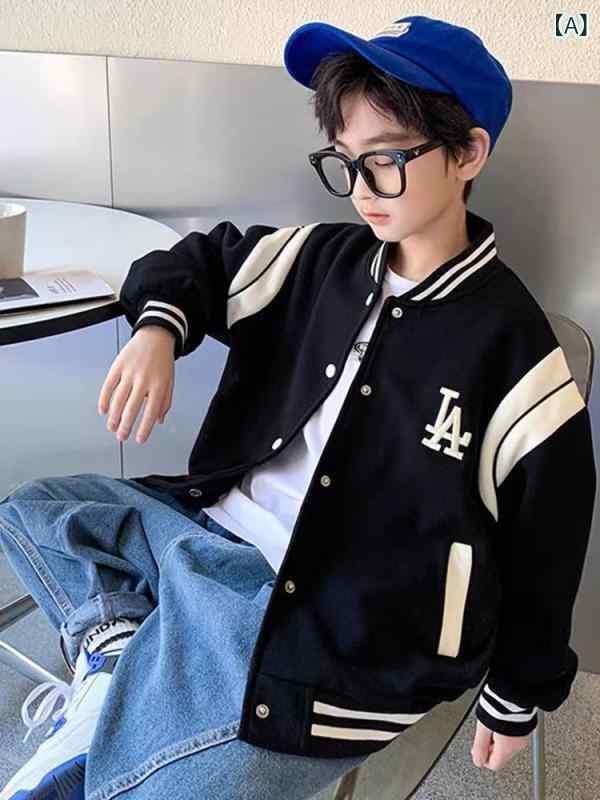 ハッピーストリームの子供用野球ジャケット キッズ 男の子 アウター 女の子 春秋 ジャンパー コート 中大童 8歳以上 140cm以上 長袖 コットン混紡 配色 ブラック ポリエステル｜アングル3