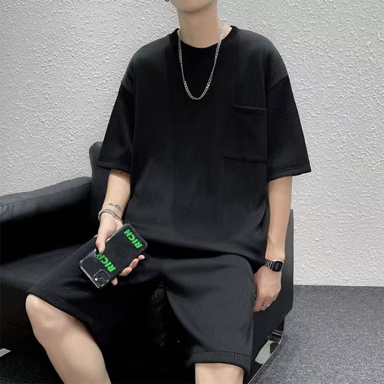 ハッピーストリームの接触冷感 半袖 ハーフパンツ カジュアル プリーツ加工 オーバーサイズ 冷感 上下セット ビッグシルエット メンズ セットアップ ストリート モード系 韓国ファッション 夏服｜アングル3