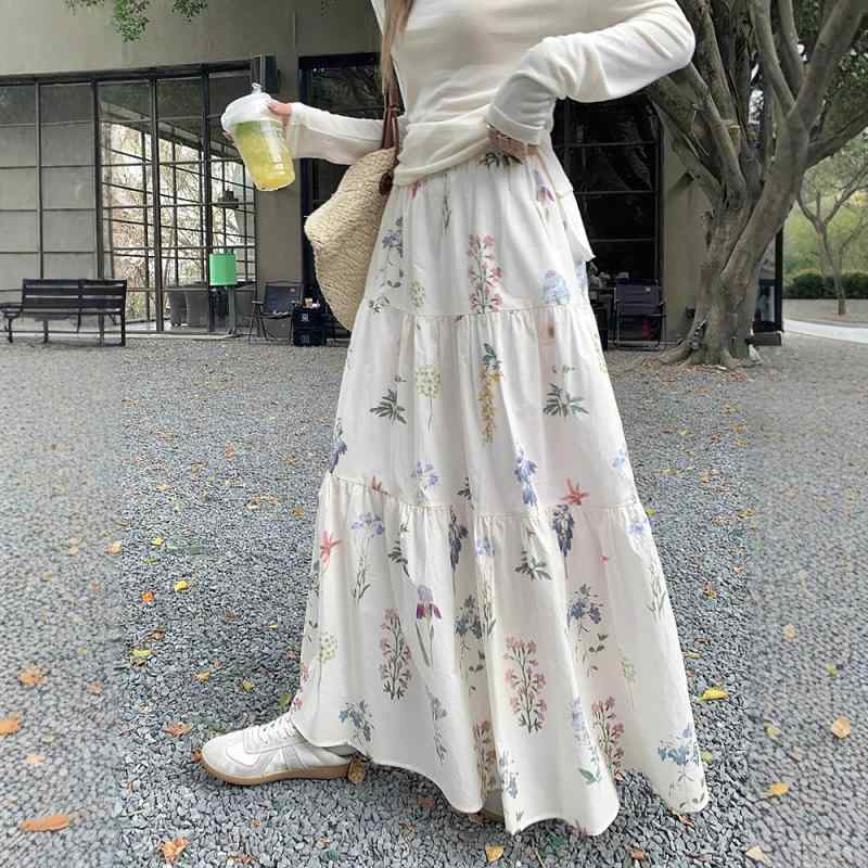 スカート レディース ハイウエスト フラワープリント Aライン ミドルロング 夏 ドレープ感 フレア かわいい デザイン 素材 軽やか 小柄対応