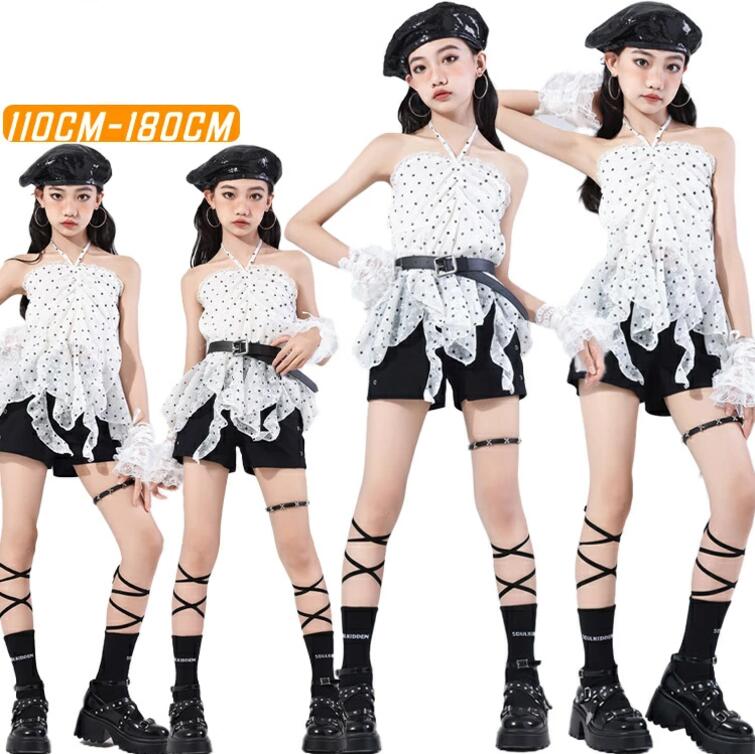 白 黒 ドット 水玉 キャミソール キッズ ダンス衣装 女の子 子供 ショートトップス おしゃれ かっこいい 上下セット セットアップ チア チアガール チアリーダー k-pop hiphop 韓国