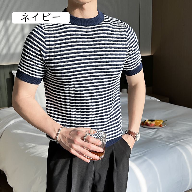 ハッピーストリームのサマーニット メンズ 半袖 ボーダー Tシャツ クルーネック 夏服 韓国 ファッション キレイめ カジュアル 涼しい 通気性 ワッフル編み 配色 紺 ネイビー 切替｜アングル3