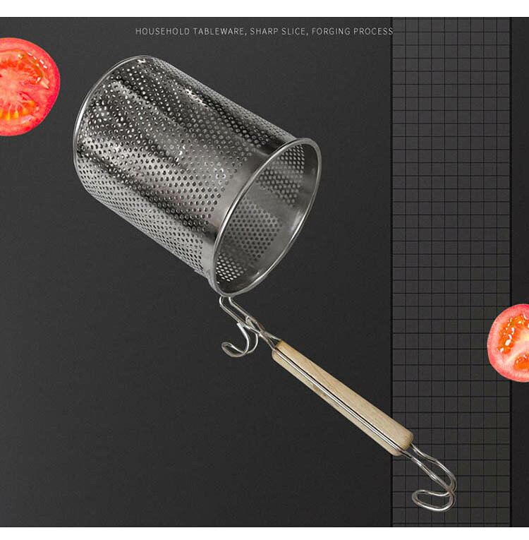 ハッピーストリームの湯切りざる 湯切り 道具 ステンレス 木柄 湯切りザル うどんてぼ 12cm 14cm 16cm 18cm 麺茹で 業務用 振りザル 麺揚げ てぼざる 湯切り網 ラーメンてぼ ザル 調理器具 テボ｜アングル2