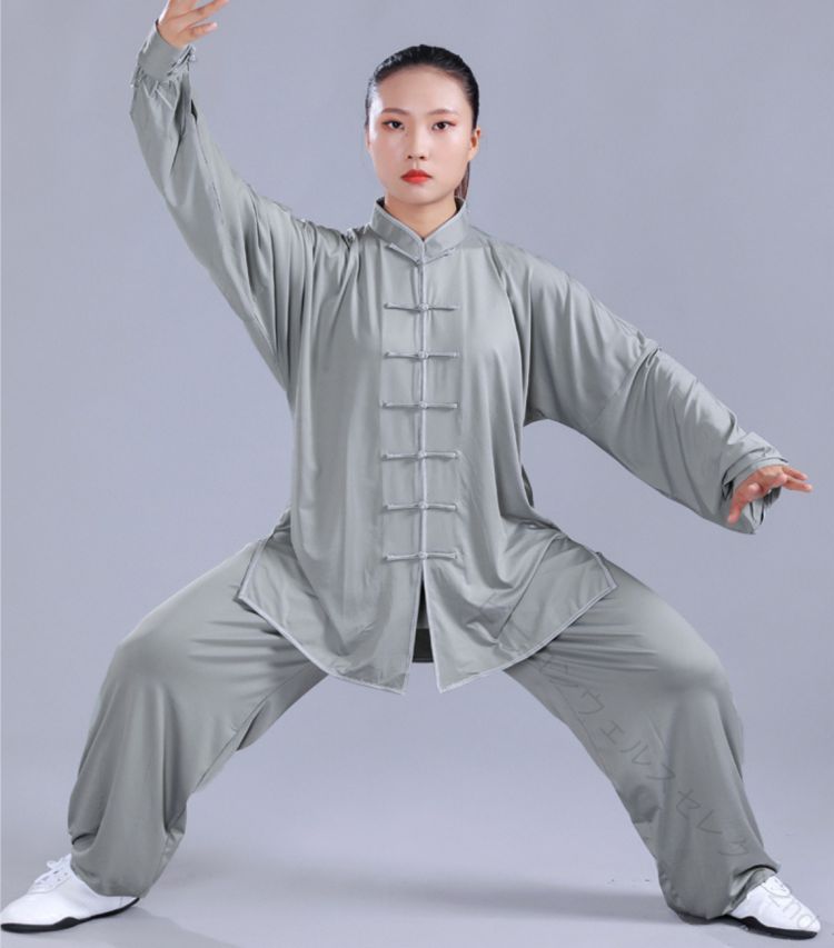 ハッピーストリームの太極拳服 男女兼用 長袖 半袖 太極拳 ウエア 服 シルク風 武術 練習着 表演服 レディース メンズ 大人 カンフー衣装 上下セットアップ 軟らかい 動きやすい ヨ カンフー服 拳法｜アングル2