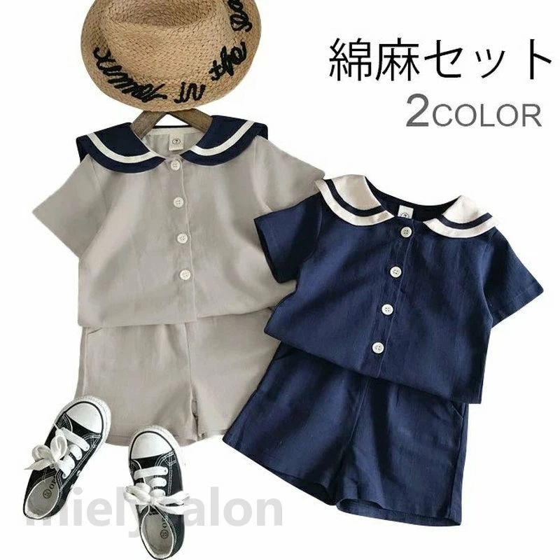 乐天商城 - 【送料無料】綿麻セット 綿麻 セットアップ 子供服 リネンセット リネン 綿 麻 上下セット マリーン風 半袖シャツ ショートパンツ ウエストゴム 薄手 通気性 爽やか 女の子 男の子 ユニセックス お洒落 カジュアル 夏物 夏新作