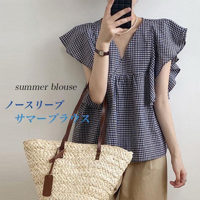 フリルブラウス チェック柄 ノースリーブブラウス 夏 サマーブラウス 体型カバー ノースリーブ Vネック レディース Aライン 綿混 ブラウス