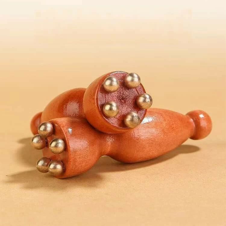 ハッピーストリームの2個セット 木製 真鍮製 蓮モチーフ 顔 目元対応 ツボ押し かっさ用 美容ケアツール 美顔器 目元ケア フェイスケア 経絡 ひょうたん型 耳ツボスティック スキンケア 多機能 蓮の実｜アングル2