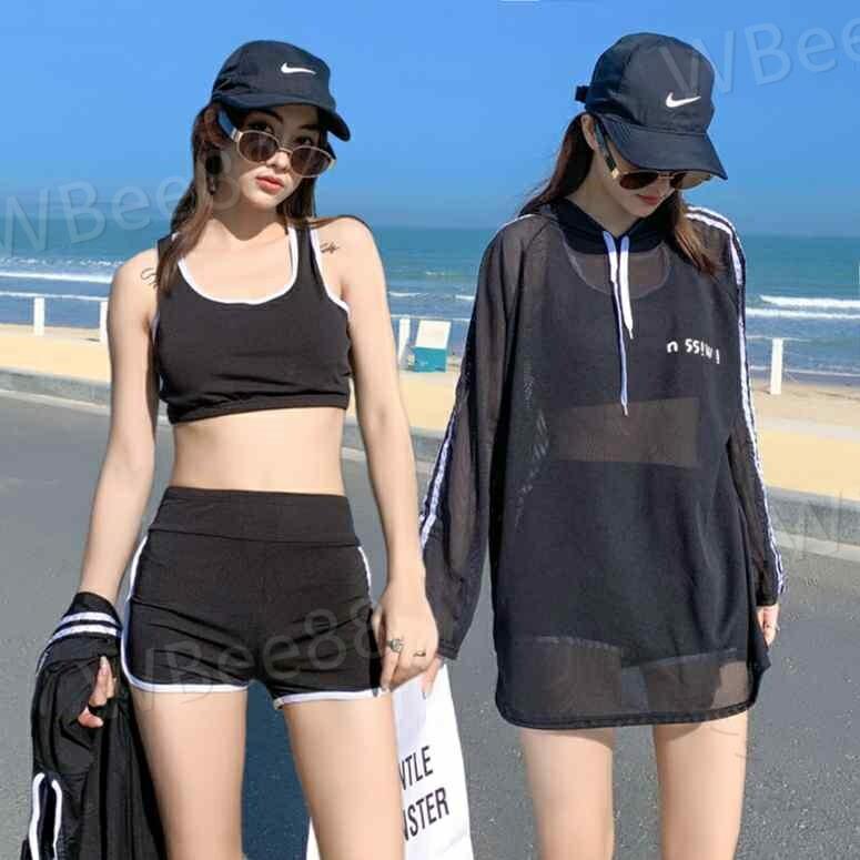 レディース 水着 ビキニ 3点セット 黒 タンクトップ ショートパンツ ラッシュガード スポーティー ダボダボ 体型カバー ハイウエスト ジャージ風 ユニフォーム風 ライン 日焼け防止 ボーイッシュ 個性的 韓国風 二の腕 腹 尻 脚 かっこいい