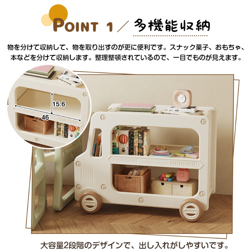 ハッピーストリームの高品質 キャスター付き おしゃれ 耐久 便利 おもちゃ収納 おもちゃラック 安定 取り出す 多機能収納 コンパクト 分けて収納 大容量 カート型 カー 車型 絵本ラック 収納ラック 収納ケース ナイトテーブル 多機能 2段階 可愛い サイドテーブル 安心安全 移動ラク 丸角｜アングル3