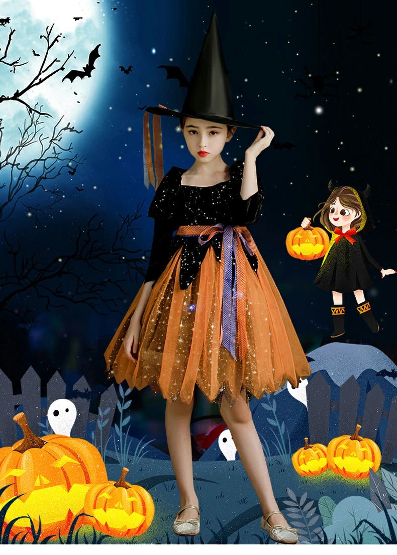 ハッピーストリームのコスプレ 変装 120 Halloween 帽子 コスチューム 110 ガールズ 仮装 幼稚園 130 3点セット 100 150 キッズ cosplay イベント 160cm パンツ ハロウィン 衣装 140 ワンピース 魔女 演出 小学生 発表会 子供 ワンピース 女の子｜アングル2