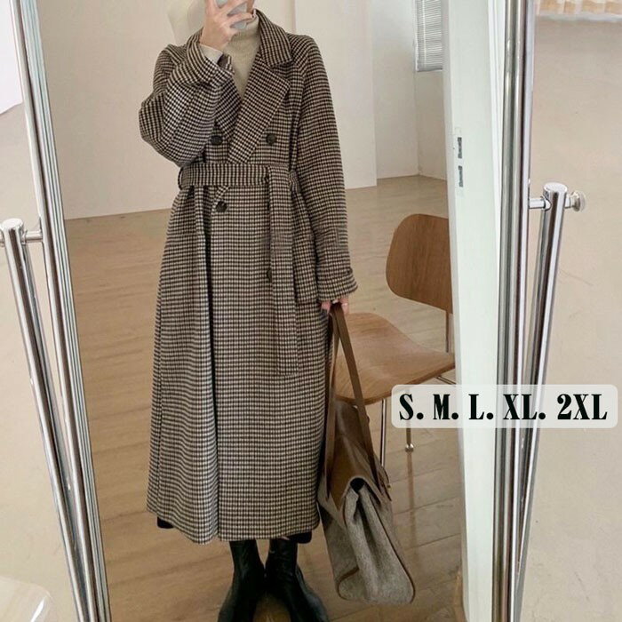 チェスターコート チェック柄 レディース 千鳥格子 ロングコート コクーンコート ドロップショルダー 茶 超ロング 大人可愛い 体型カバー 韓国 S M L 2L 3l アウター 秋 冬 冬服 オーバーサイズ カジュアル あったか 暖かい d7082c0c0m3