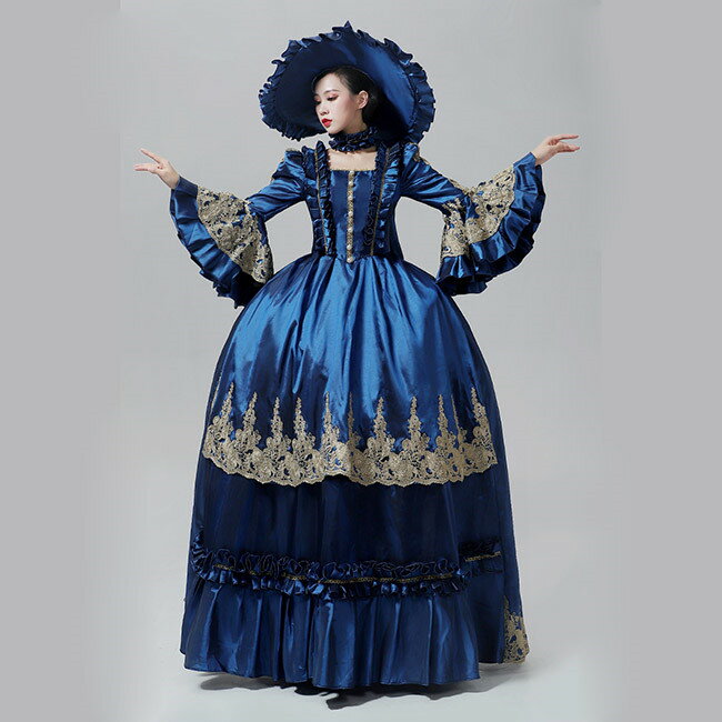 Costume - 貴族ドレス ワンピース 中世ヨーロッパ 西洋ドレス 劇場 中世貴族風 青 宮廷ドレス 王族服 舞台 オペラ声楽 厚サテン パーティー 演奏会 豪華 ステージ衣装 d9437c0c0x1