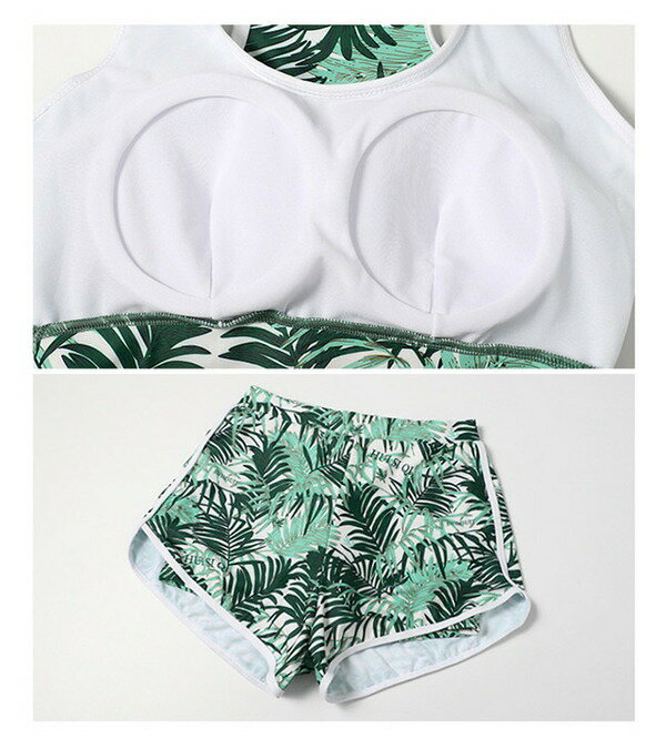 タンキニ 水着 レディース ラッシュガード フード スポーツブラ 3点セット ボーイレッグ セットアップ トップス ぽっちゃり 水着 大きいサイズ 緑 体型カバー ボタニカル パーム柄 スポーティ 日焼け対策 露出対策 ママ水着 ママ ジム ビーチ プール df542c0c0l9