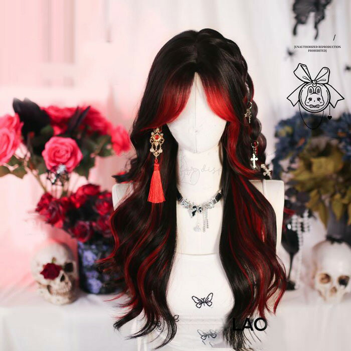 フルウィッグ ロング ウェーブ レディース レッド ブラック グラデーション 耐熱 自然 ゴシック ロリータ風 ゆめかわ コスプレ ハロウィン パーティー イベント 学園祭 文化祭 撮影用 衣装 仮装 アニメ風 キャラクター風 おしゃれ 小顔効果 前髪付き ロングヘア dp393c0c0x1