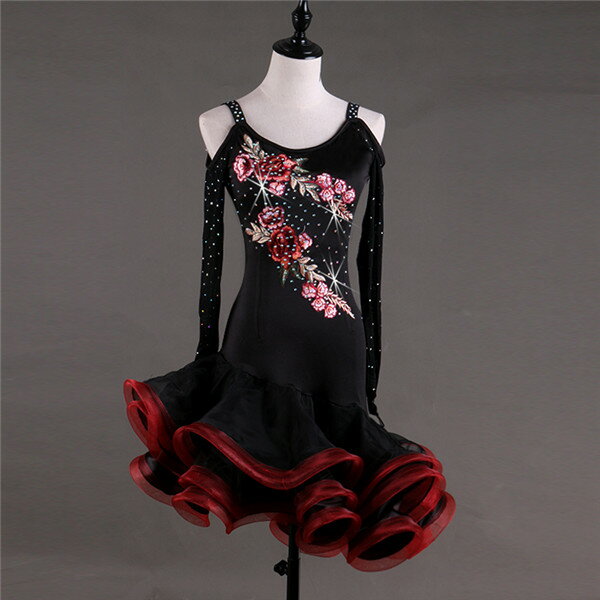 社交ダンス ラテン衣装 チャチャチャ ルンバ サンバ ラテンドレス スートン飾り 長袖 ワンピース ダンス衣装 競技ダンス 練習服 ラテンダンス ラテン ドレス...