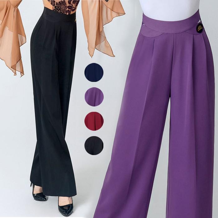 全4色 ダンスパンツ レディース ワイド パンツ ラテンダンスパンツ モダン 社交ダンス 練習着 ロングパンツ 薄手 ゆったり 長ズボン ダンス ボトムス 演出服 着痩せ 大きいサイズ有 ブラックパンツ 黒 パープル ワインレッド ネイビー d1197d7d7x1