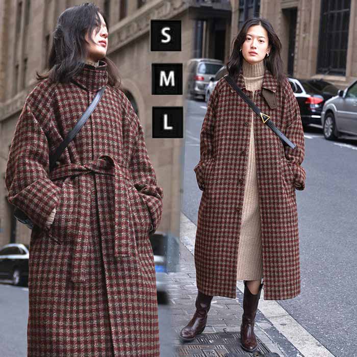 ステンカラーコート レディース 冬 ロング ロングコート チェック柄 女性 アウター 定番 おしゃれ ファッション 可愛い 大人 通勤 通学 普段着 秋冬 冬服 暖かい ハイネック 2way あったか 防風 防寒 厚手 カジュアル フードなし S M L