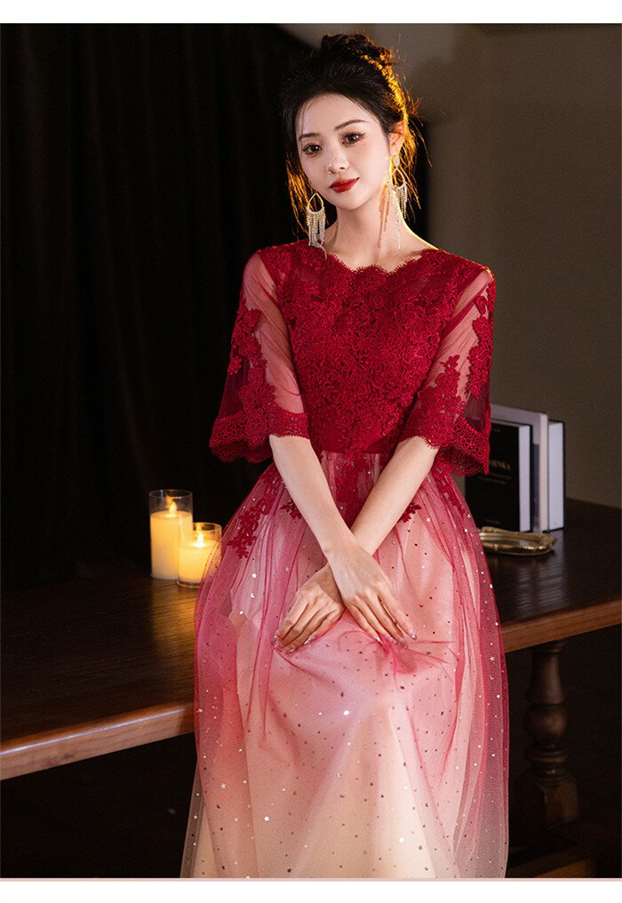 パーティードレス ロング丈 レース 演奏会 ドレス ワインレッド 袖有り 体型カバー 成人式 同窓会 大人 ピアノ発表会 Aライン 結婚式 ステージドレス 二次会 忘年会 ロングドレス ワンピース 上品 20代 30代 40代 50代 d1432d7d7m3