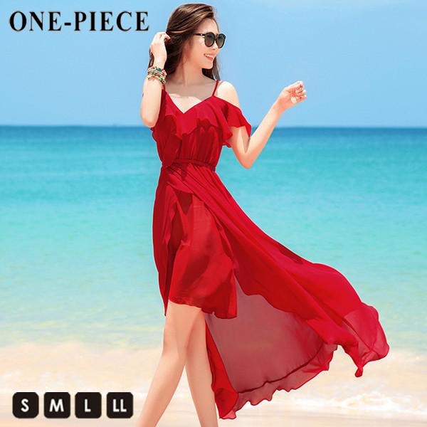シフォン 赤ワンピース リゾートワンピース レッド レディース ビーチ 旅行 大人 可愛い 無地 夏ワンピース リゾートワンピ ワンピース ハワイアン ハワイ 沖縄 夏 結婚式 肩見せ Vネック おしゃれ 韓国 ワンピ プレゼント Aライン キャミソールワンピース k8057d7d7x1
