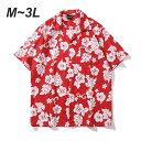 アロハシャツ メンズ レディース 半袖 開襟シャツ ハワイアンシャツ 赤 レッド ハイビスカス柄 総柄シャツ 大きいサイズ M〜3L ユニセックス 涼しい 柄シ...