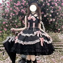 ロリータ ブラック 袖なし ミニ丈 ワンピース コスプレ衣装 ティアードスカート コスチューム 花飾り レースアップ ゴシックロリィタ ゴスロリ 半袖 袖付き ...
