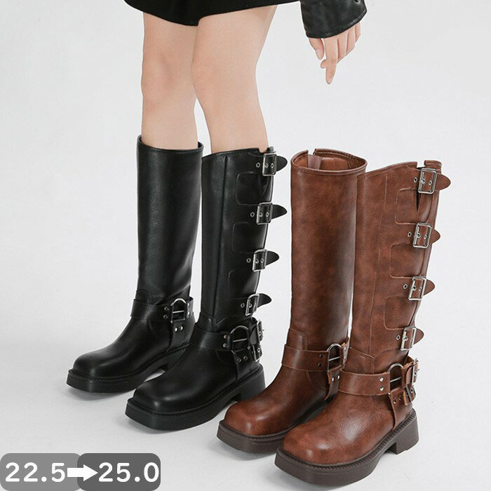 ロングブーツ ブラック 黒 ブラウン 2タイプ 裏地あり 裏地なし ベルト付き 病みかわ系 厚底 秋冬 推し活 韓国コーデ 映えブーツ レディース ファッション...