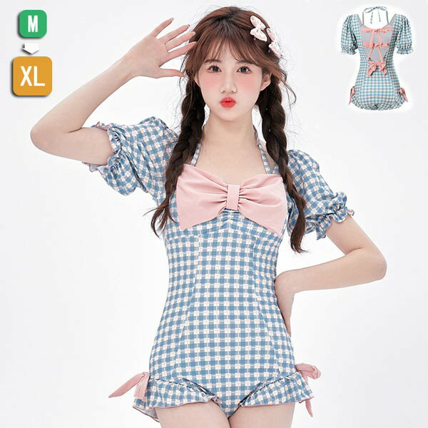 乐天商城 - 水着 レディース 一体型 チェック柄 ハイウエスト セクシー 可愛い リボン 体型カバー 着痩せ パッド付 かわいい 女性 海水浴 温泉 韓国風 ブルー df020m3m3m3