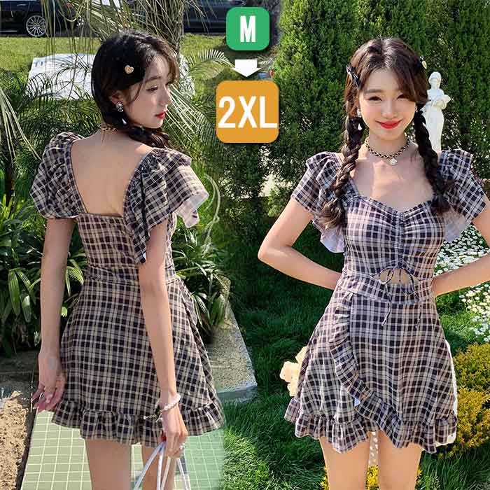 レディース水着 ワンピース スイムドレス チェック柄 パフスリーブ 背中開き レースアップ 体型カバー 可愛い ガーリー フレア 大きいサイズ M 2XL 海 プール リゾート ビーチ 温泉 旅行 写真映え 夏コーデ 学生向け 新作 df038m3